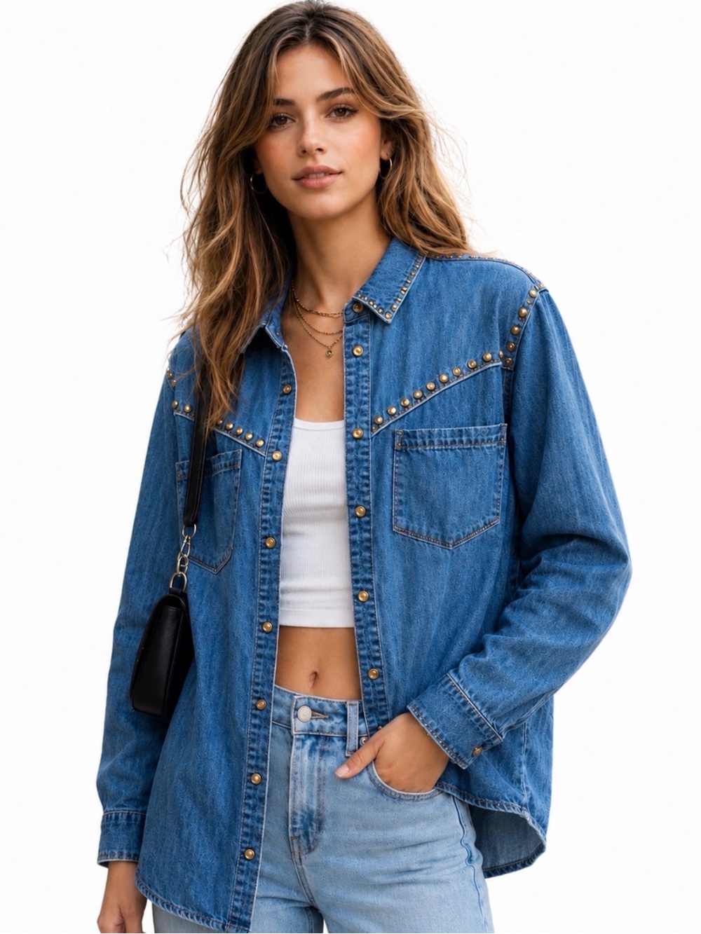 Zara denim shirt vintage style Contrasting Stud Appliqué Med VGC worn once.